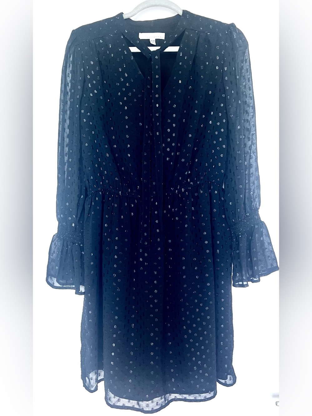 Fourteenth Place Black Metallic Dot Tie Neck Mini Dress M